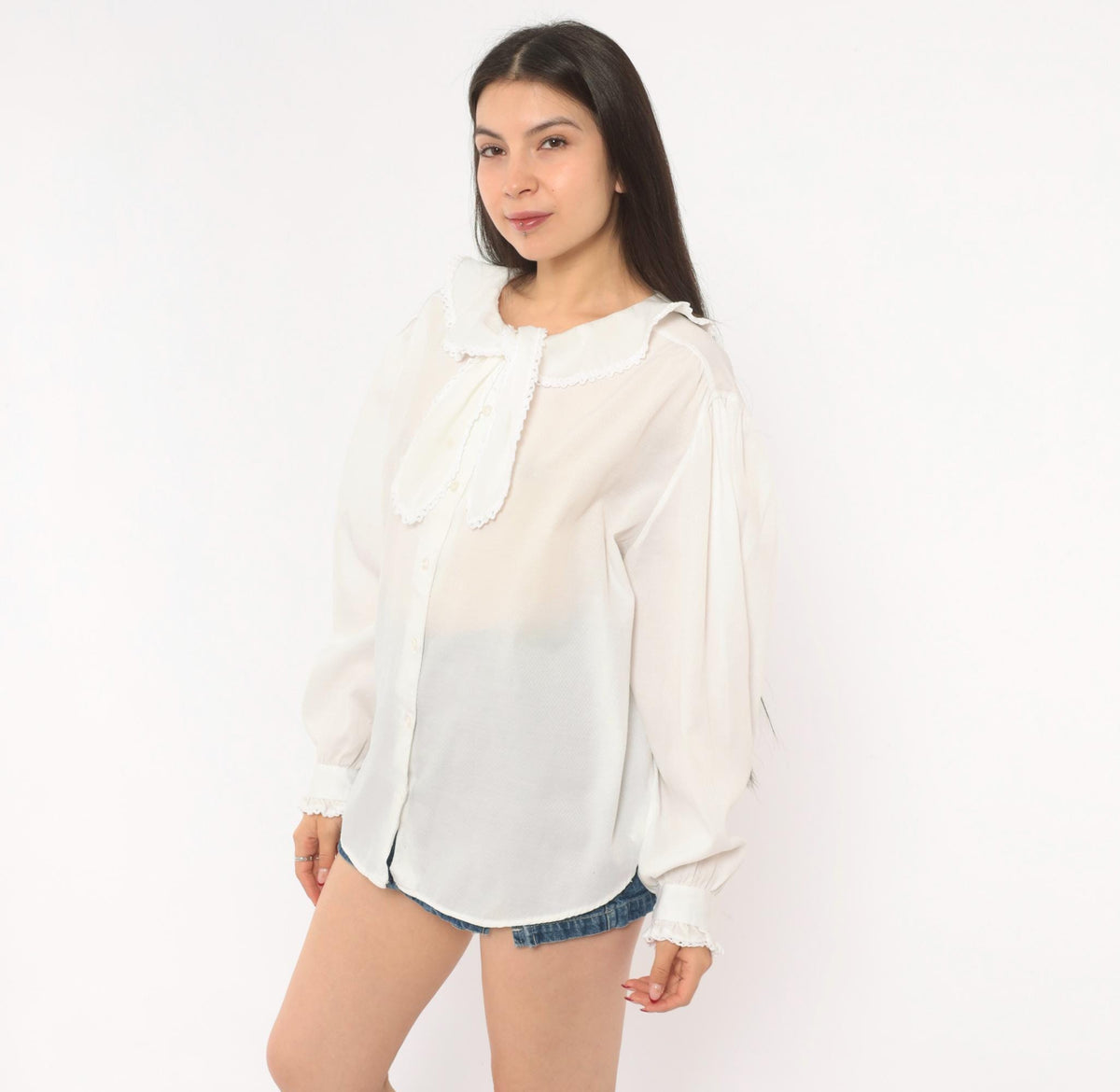 70s Lady Oak Hill White Bow Collar Blouse Puff Sleeve Lace Trim Extra Large XL
