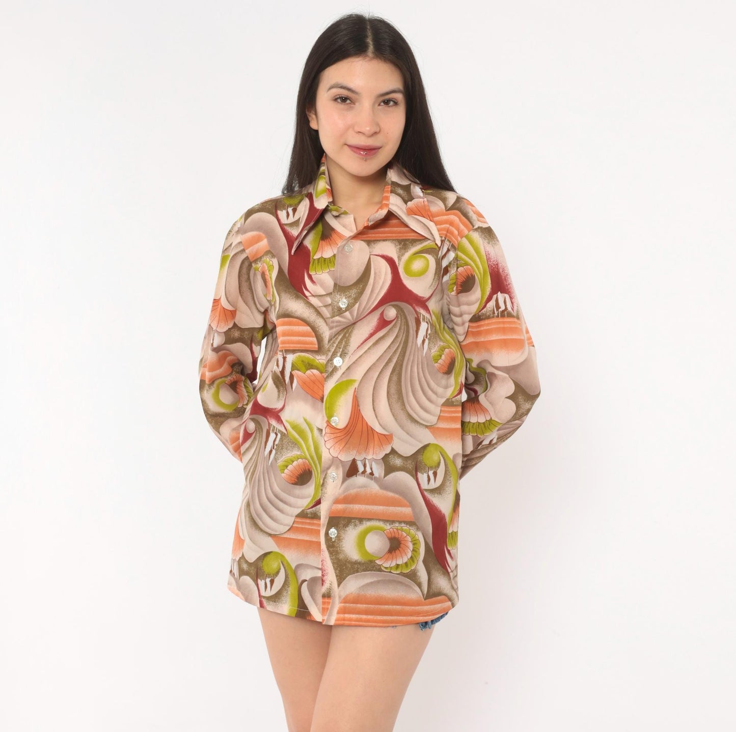 70s Landmark Button Front Shirt Psychedelic Swirl Print Olive Burgundy Medium