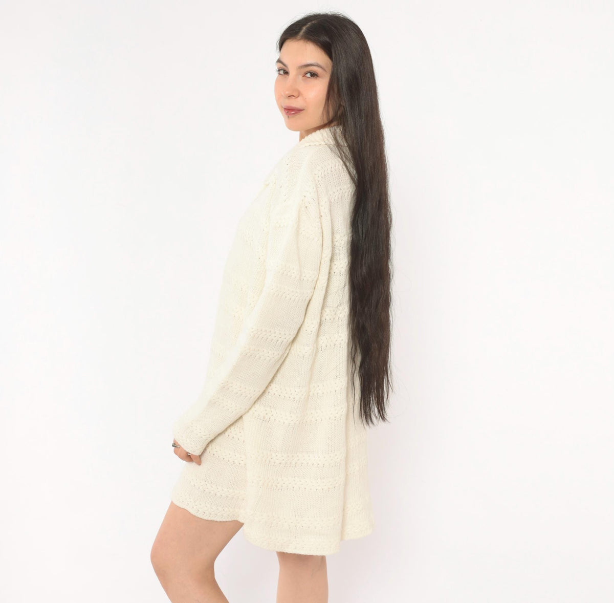 70s Cream Knit Cardigan Button Front Lacework Bands Long Sleeve Extra Large XL