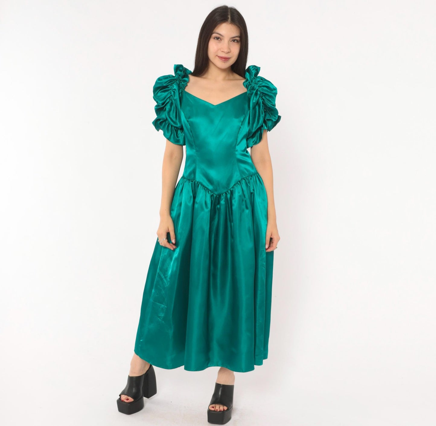 80s Teal Satin Gown Sweetheart Neckline Puff Sleeve Drop Waist Small