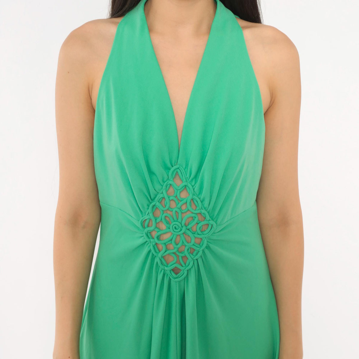 70s Mint Green Halter Maxi Dress Empire Waist Crochet Cutout V Neck Medium Large