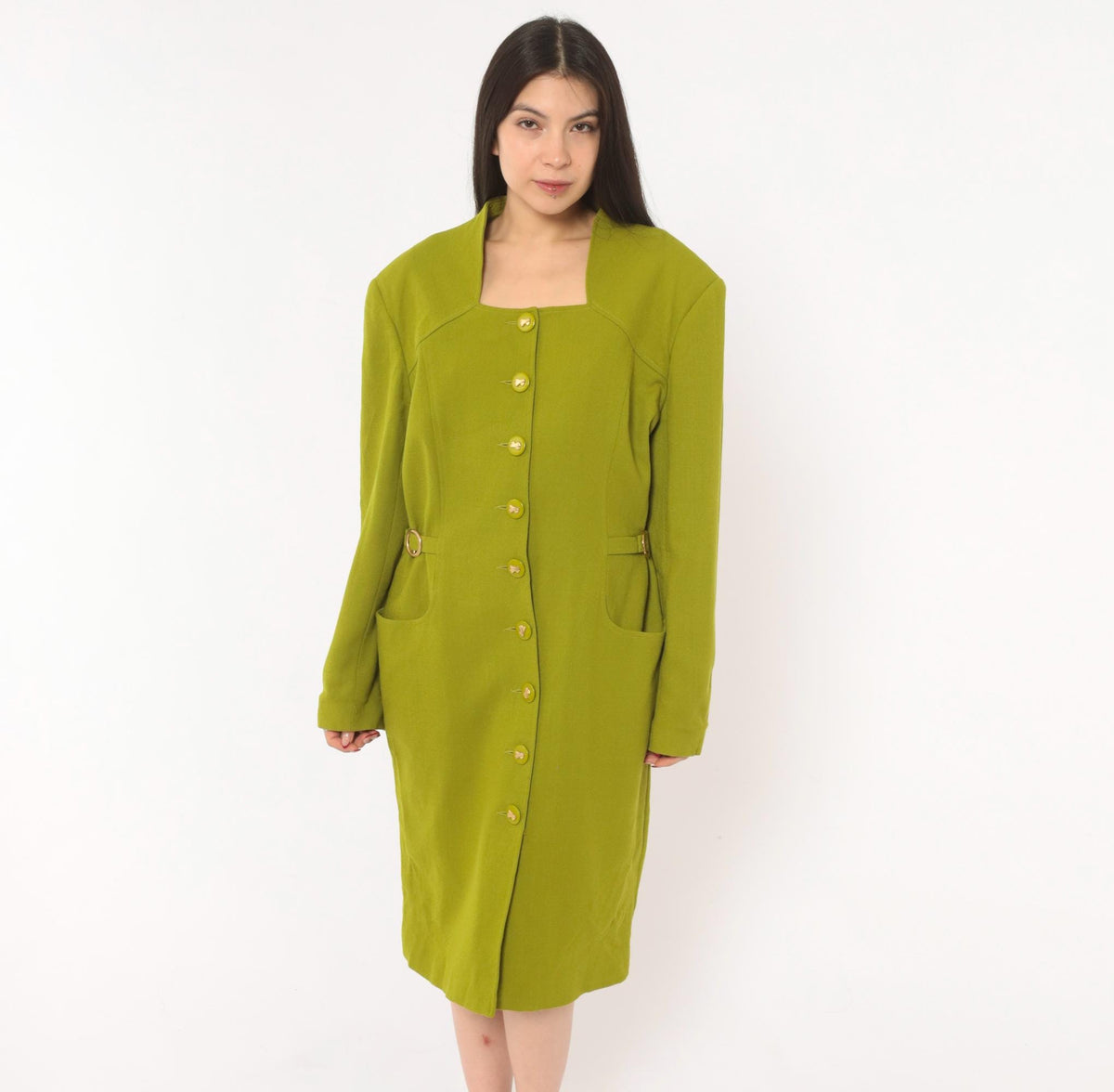 80s Lauren Taylor Wool Coat Dress Olive Green Gold Buttons Power Dressing Large L