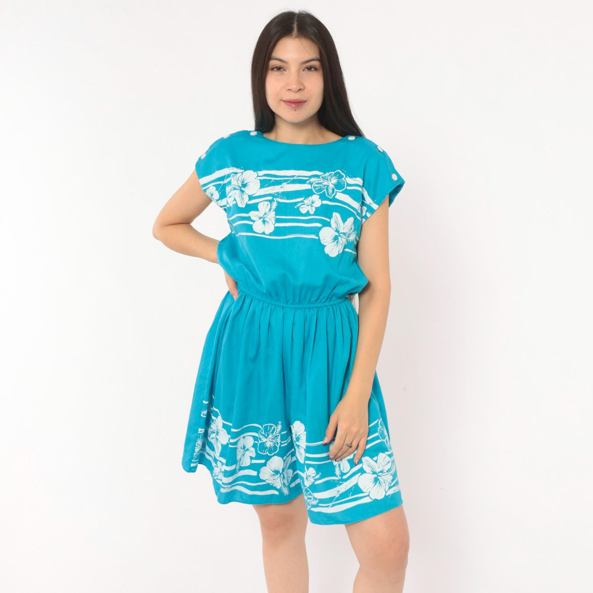 80s Hans Jütte Hawaii Hibiscus Romper Turquoise Floral Cotton Cap Sleeve Medium
