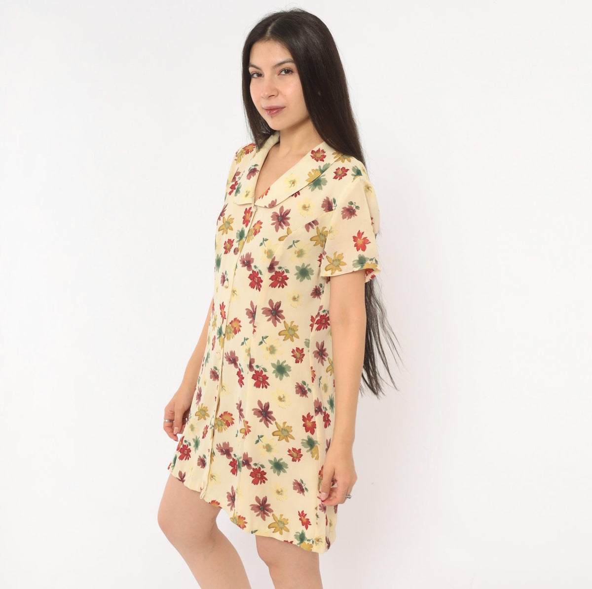 90s Evan-Picone Floral Button Front Mini Dress Cream Daisy Print Medium M