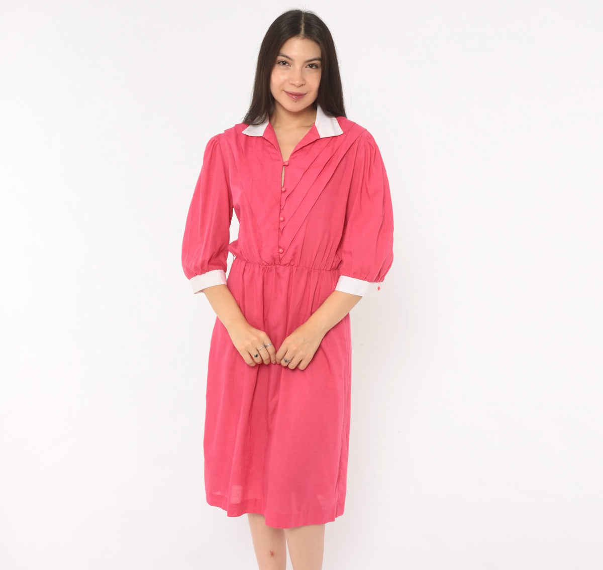 80s Fuchsia Puff Sleeve Shirtdress White Collar Pleated Bodice Pink Buttons Small Medium