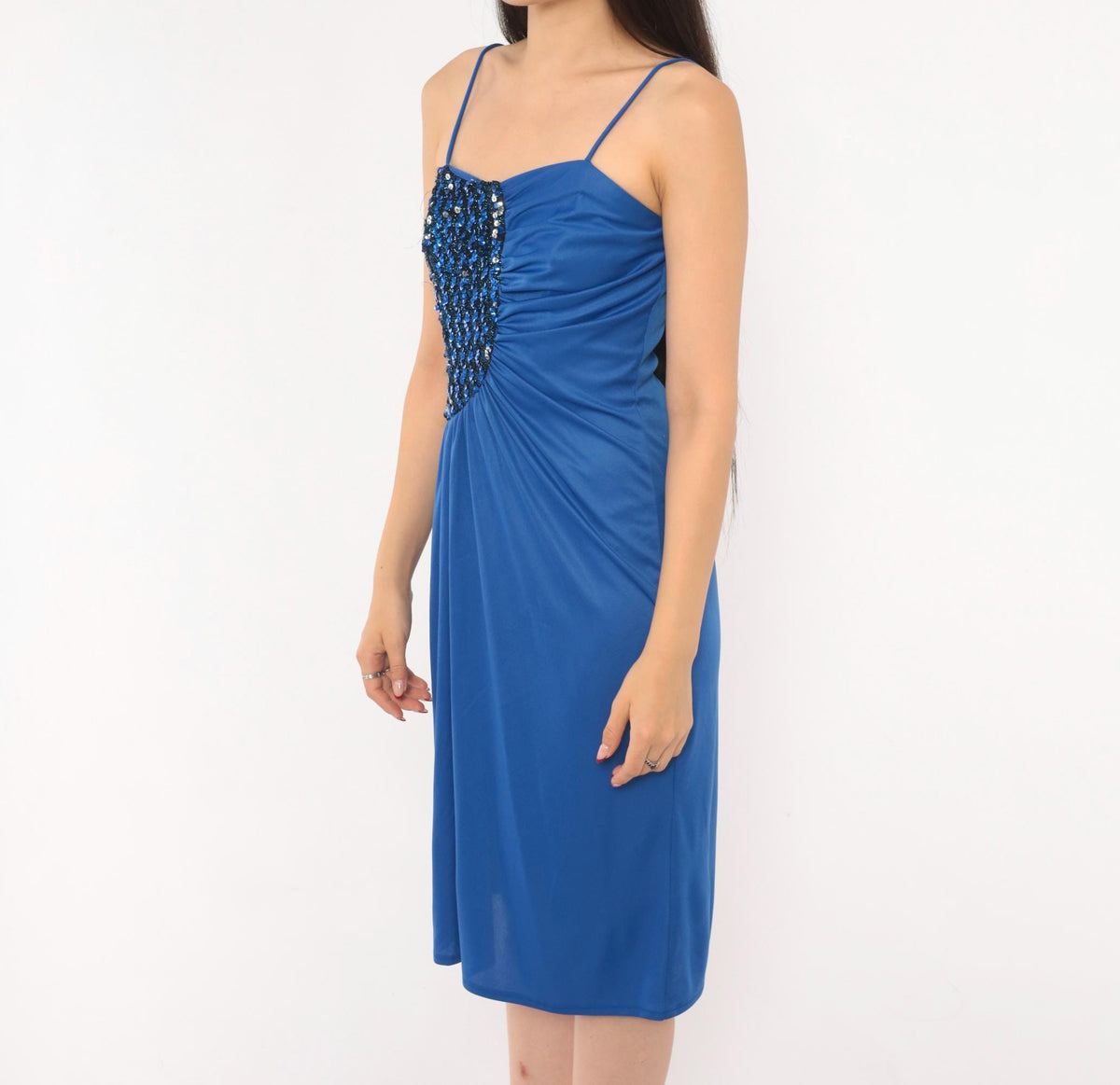 80s Cobalt Blue Sequin Spaghetti Strap Dress Knee Length Beaded Bodice Extra Small XS