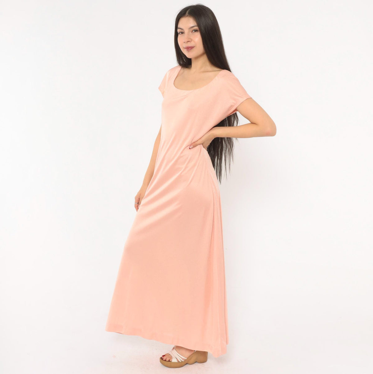 70s Blush Pink Maxi Dress Cap Sleeve Scoop Neck A-Line Large
