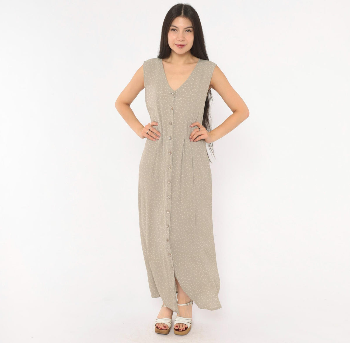 90s Bryn Connelly Ditsy Floral Maxi Dress Grey Cream Button Front Large L