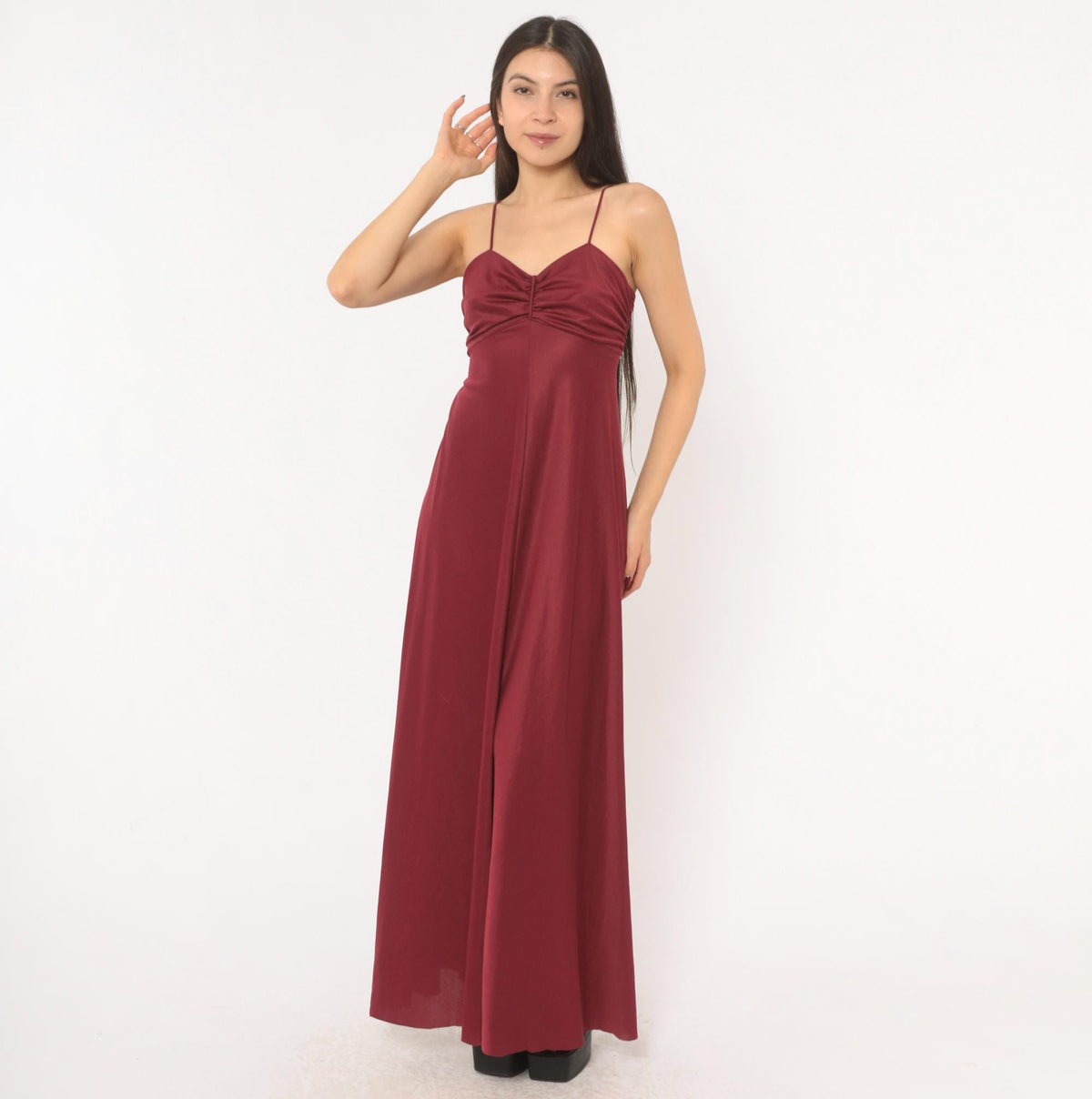 70s Burgundy Maxi Dress Sweetheart Neckline Empire Waist Spaghetti Strap Small