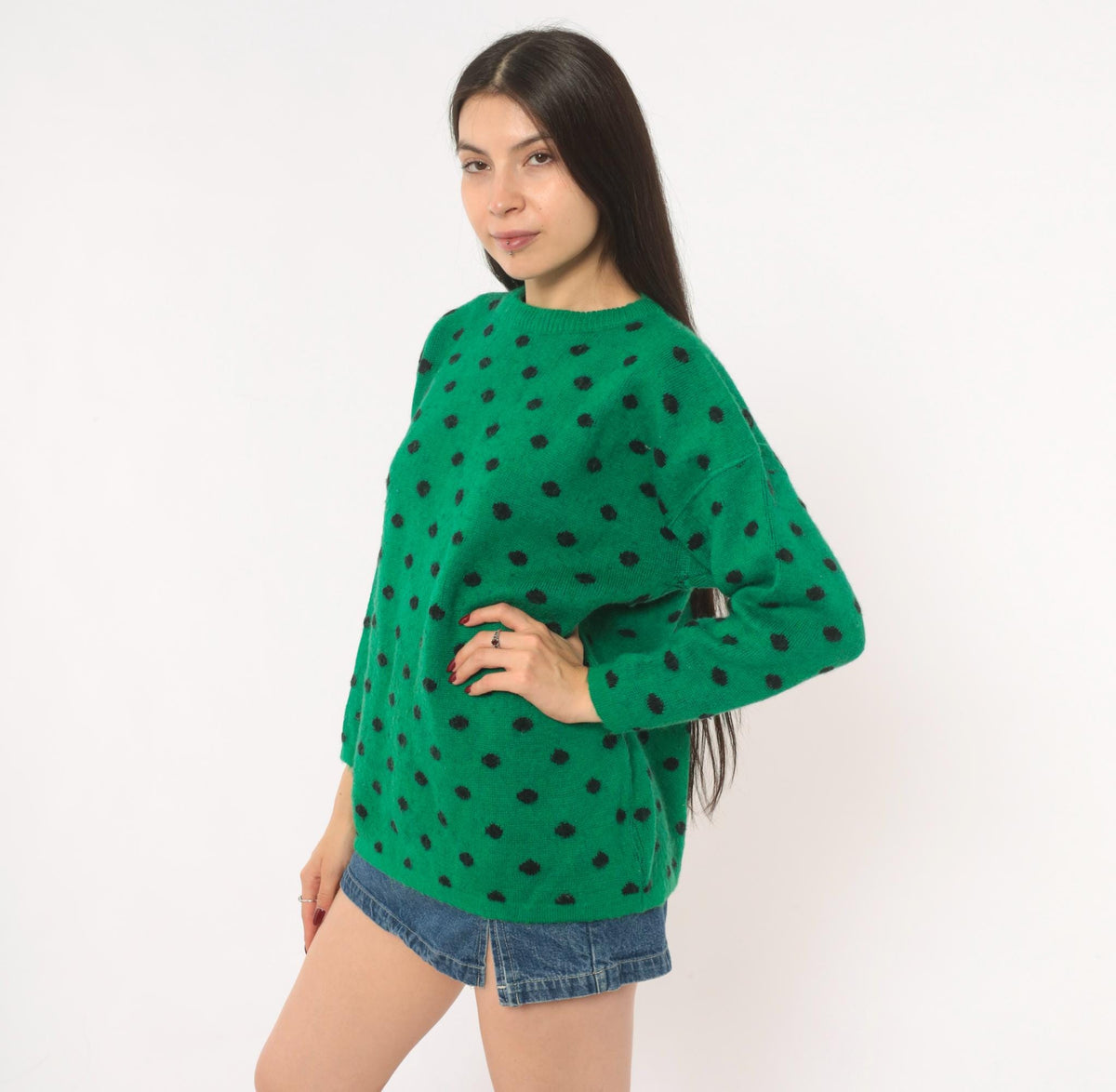 90s Perspective Polka Dot Wool Knit Sweater Emerald Green Medium M