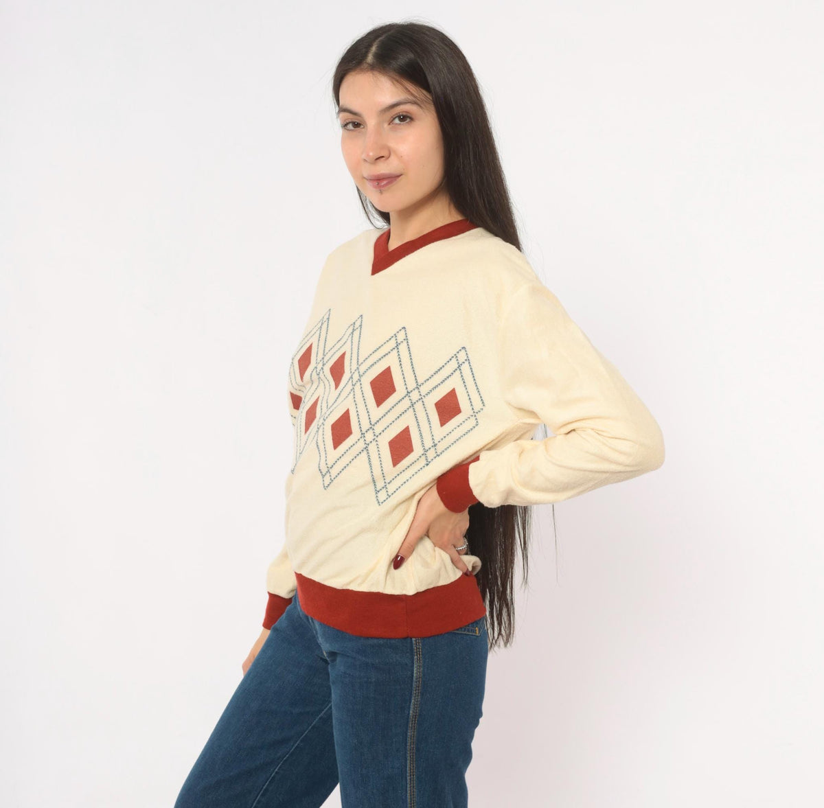 70s Windjammer Argyle V-Neck Pullover Sweatshirt Cream Burgundy Medium M