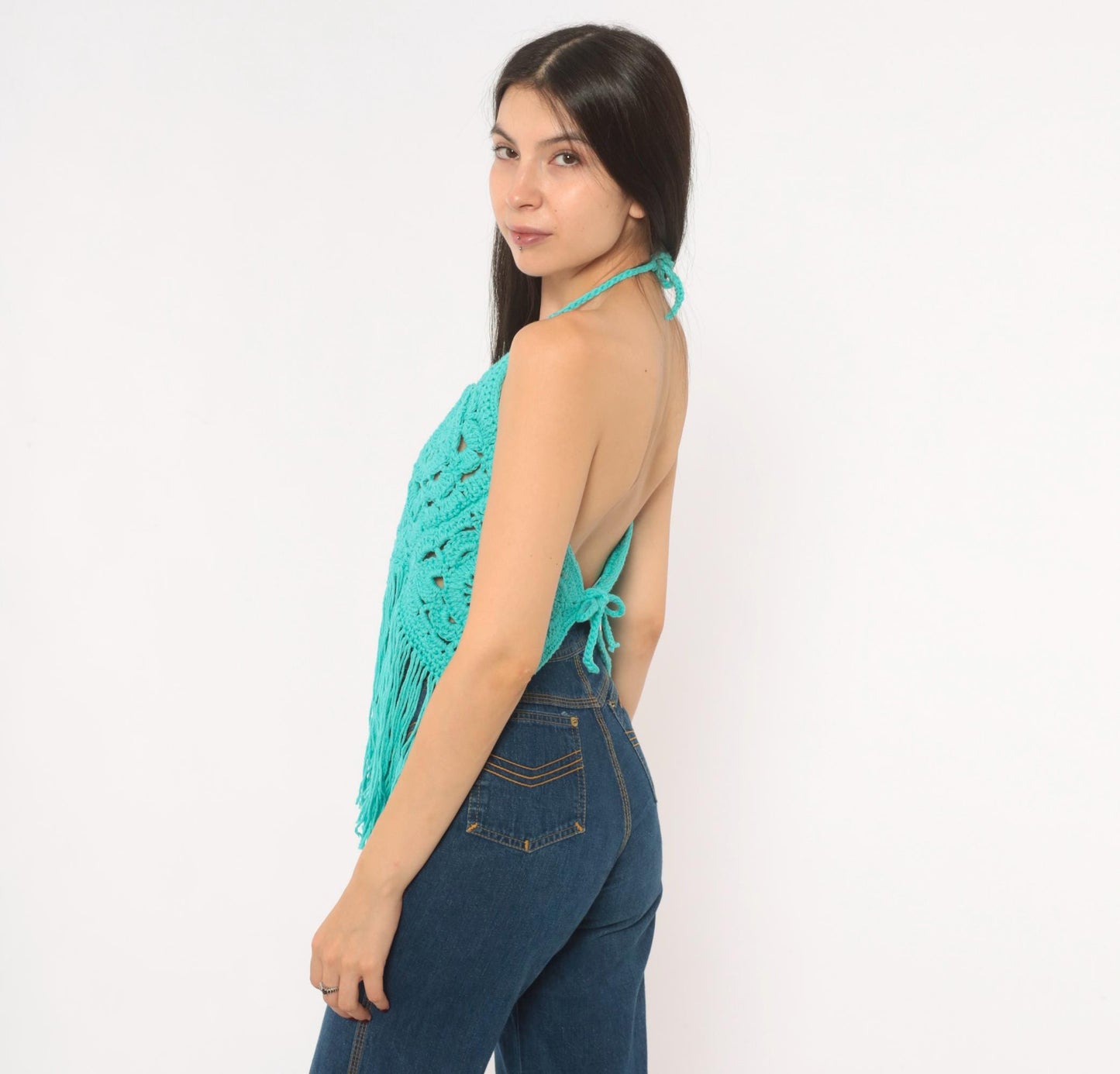 Y2K Teal Crochet Halter Top Granny Square Fringe Cotton Turquoise Small–Large