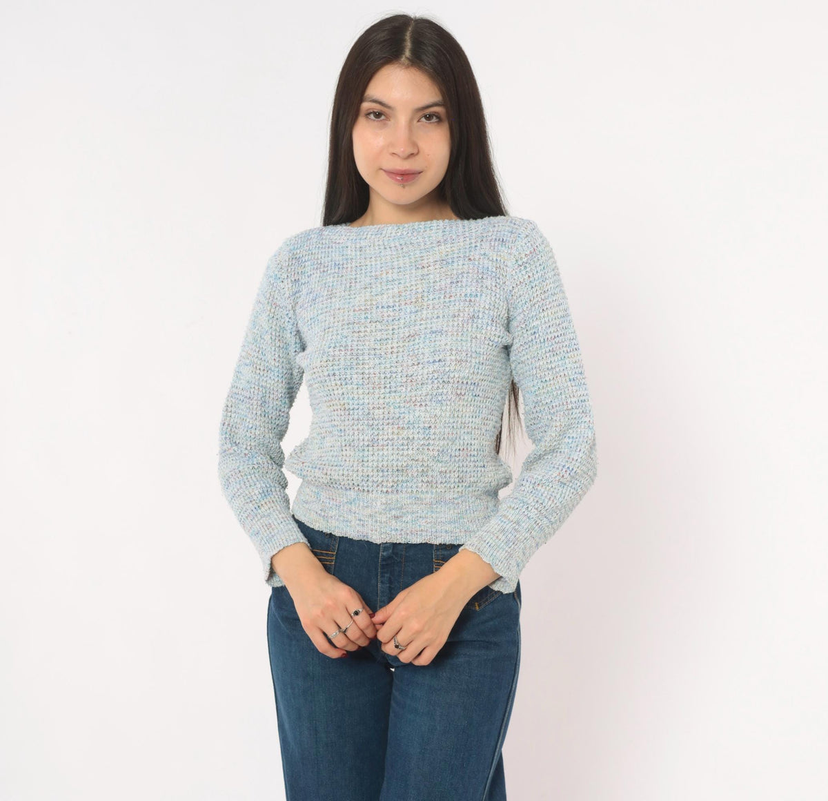 70s Powder Blue Speckled Knit Sweater Boat Neck Cropped Small