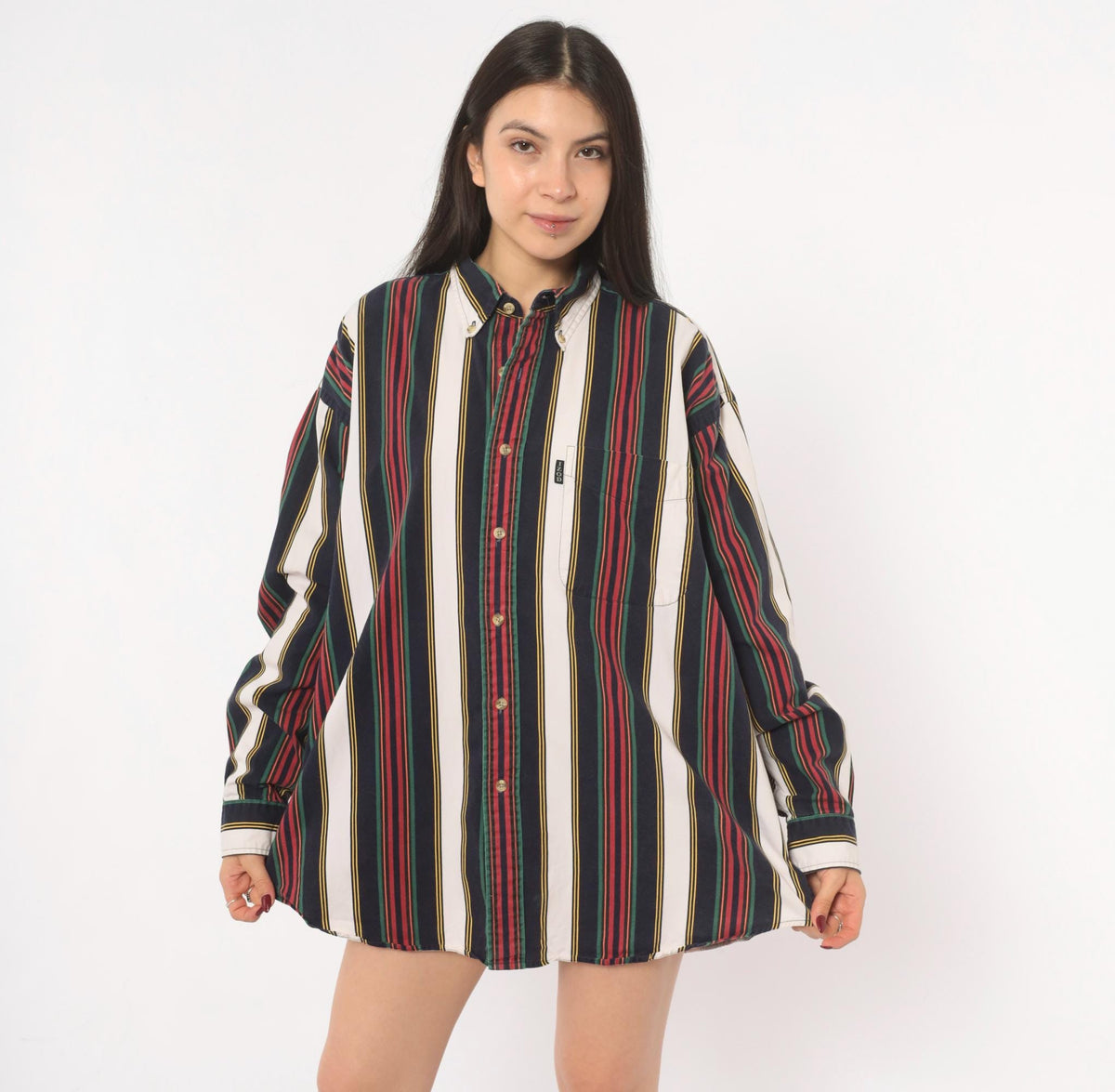 90s Izod Striped Button Down Shirt Navy Burgundy Green Gold Large L