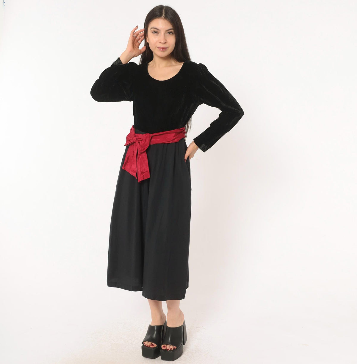 90s Petite Lanz Black Velvet Jumpsuit Burgundy Sash Puff Sleeve Small S