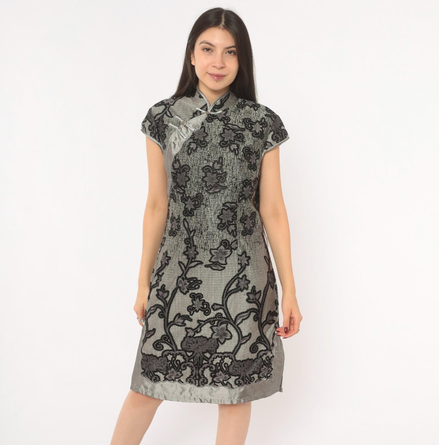 90s Grey Cheongsam Dress Black Floral Embroidered Qipao Mandarin Collar Medium M