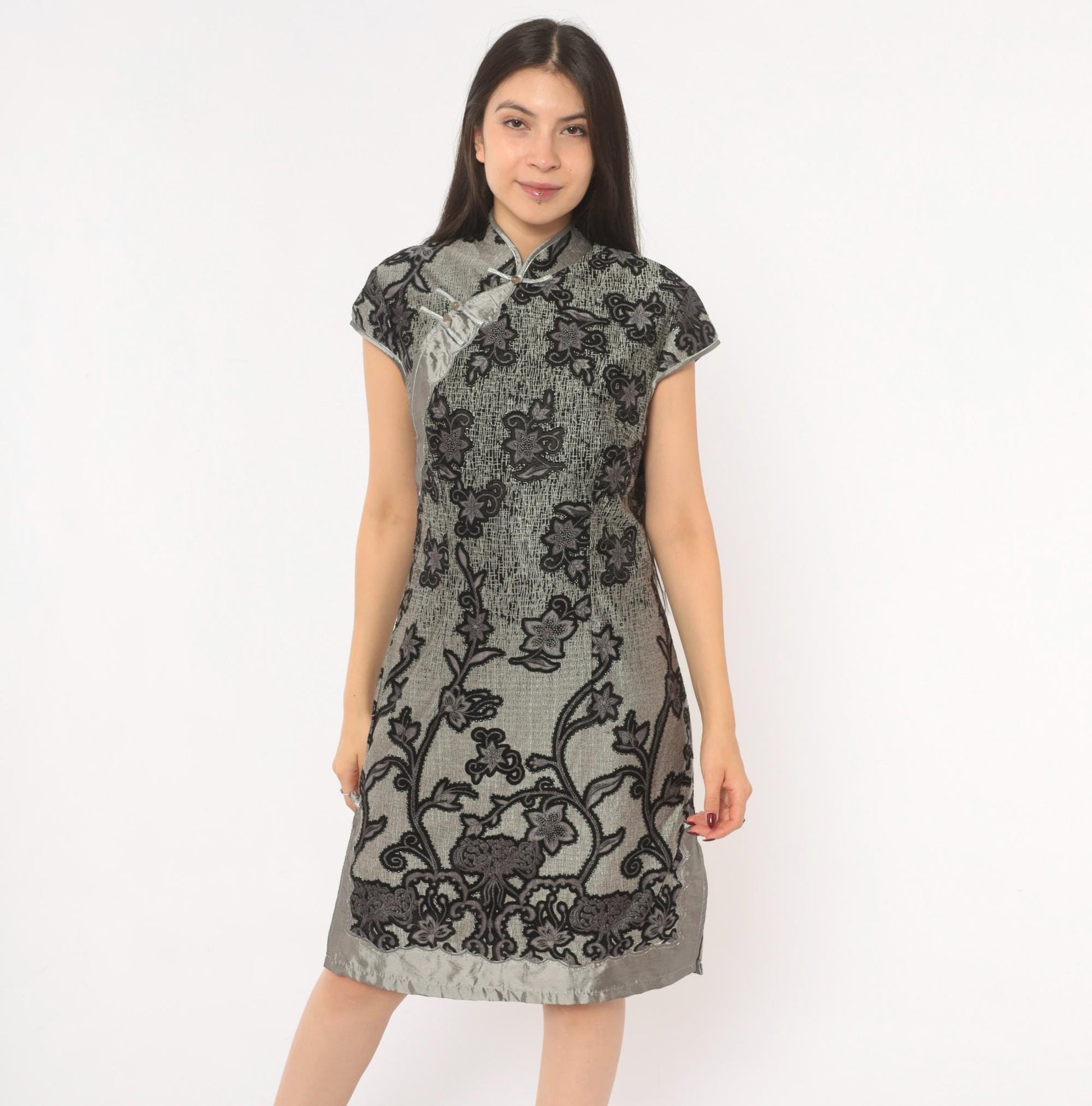 90s Grey Cheongsam Dress Black Floral Embroidered Qipao Mandarin Collar Medium M