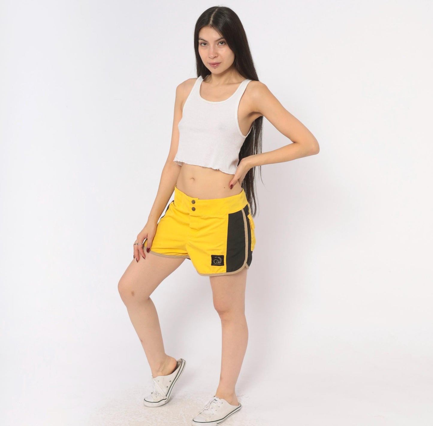 70s Golden Wave Board Shorts Yellow Black Colour Block Cotton Large L