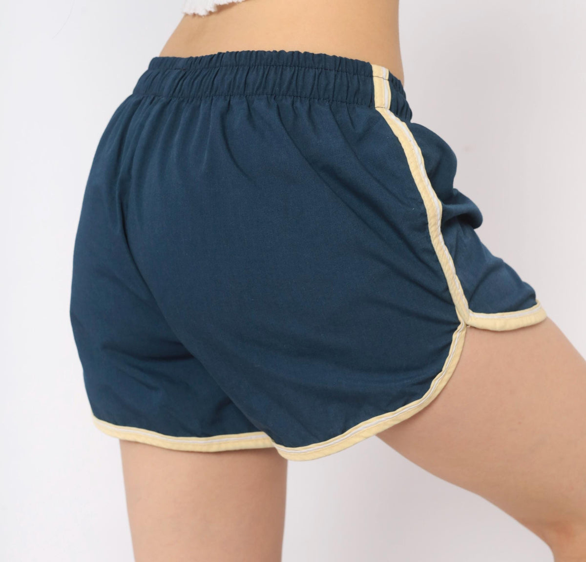 80s Jantzen Navy Running Shorts Cream Piping Dolphin Hem Cotton Medium