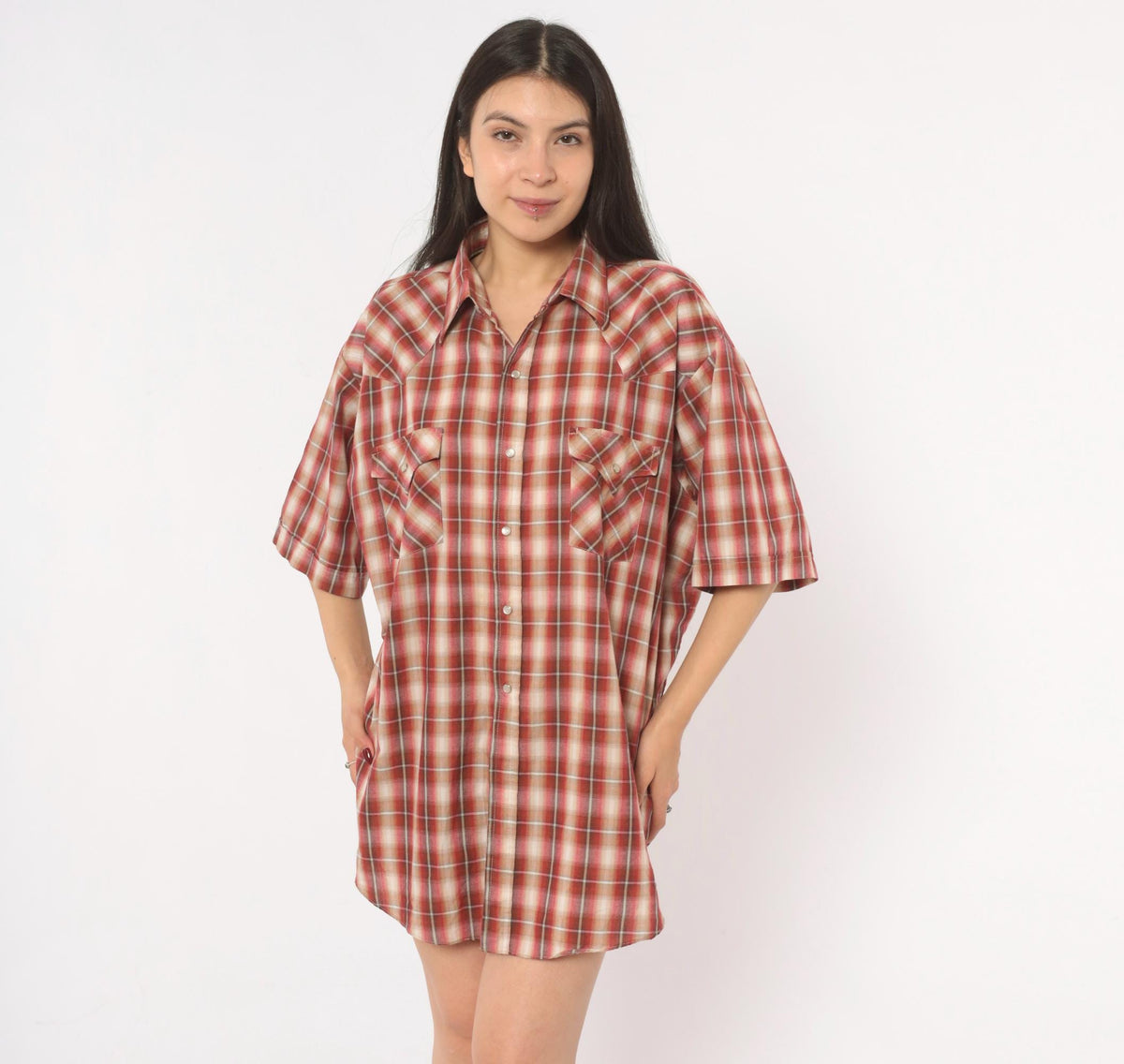 90s Plains Western Pearl Snap Shirt Burgundy Plaid Cotton Extra Large XL