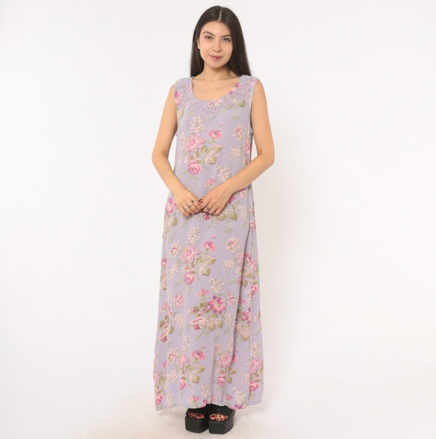 90s April Cornell Lavender Floral Maxi Dress Sequin Lace Scoop Neck Large
