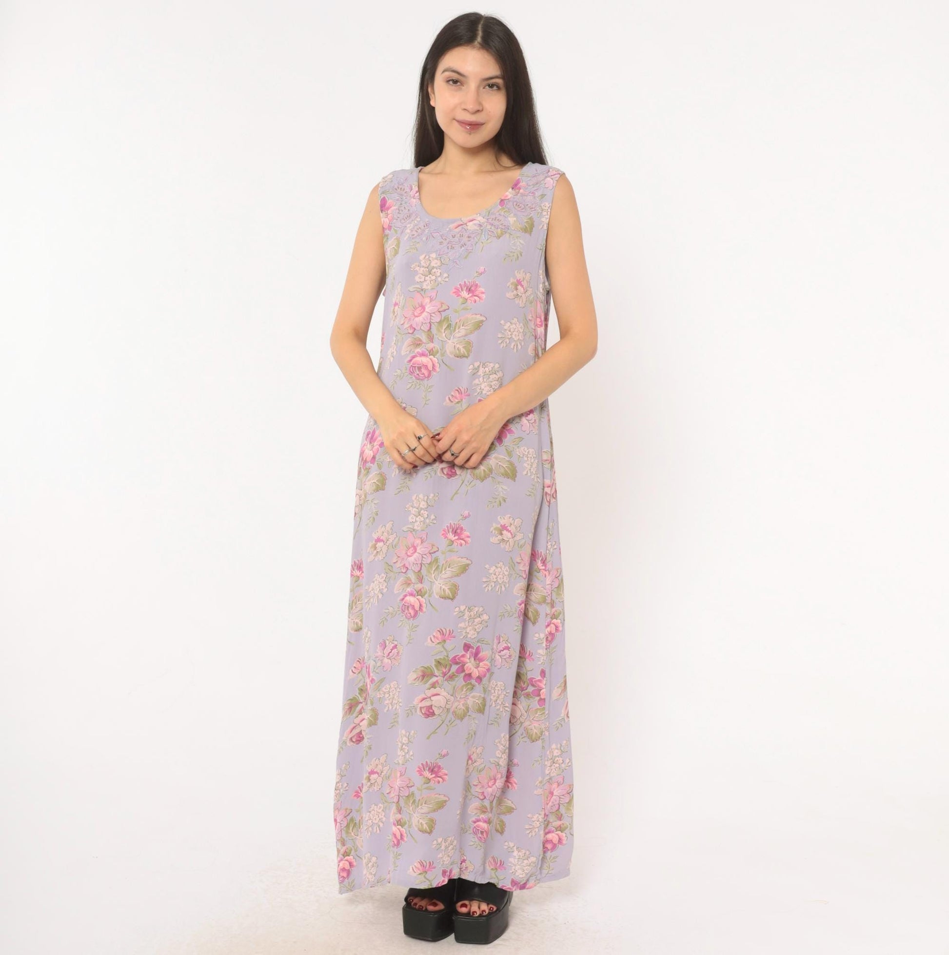 90s April Cornell Lavender Floral Maxi Dress Sequin Lace Scoop Neck Large