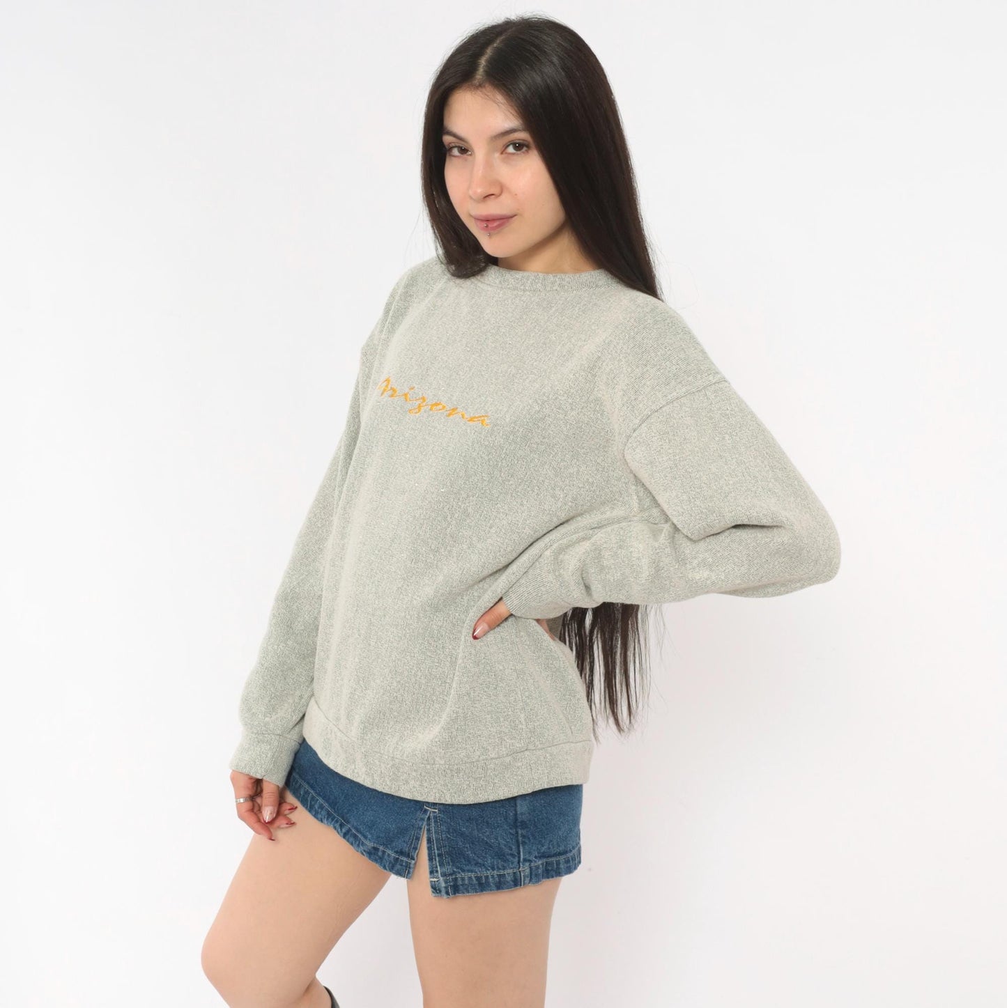 90s Arizona Embroidered Crewneck Sweater Tan Grey Speckled Niko's Large L