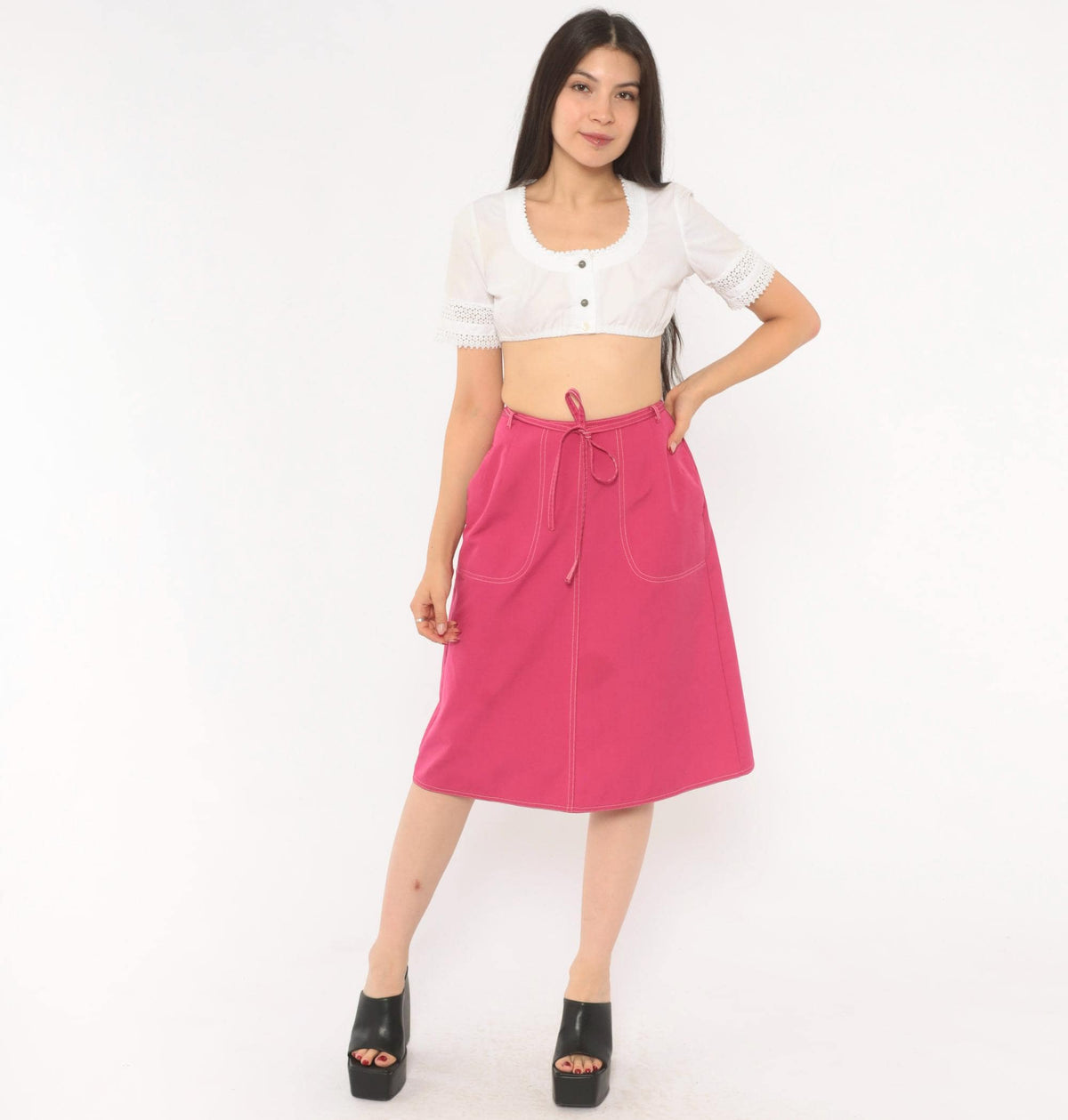 80s Koret Hot Pink A-Line Skirt Tie Waist Patch Pockets Small Medium