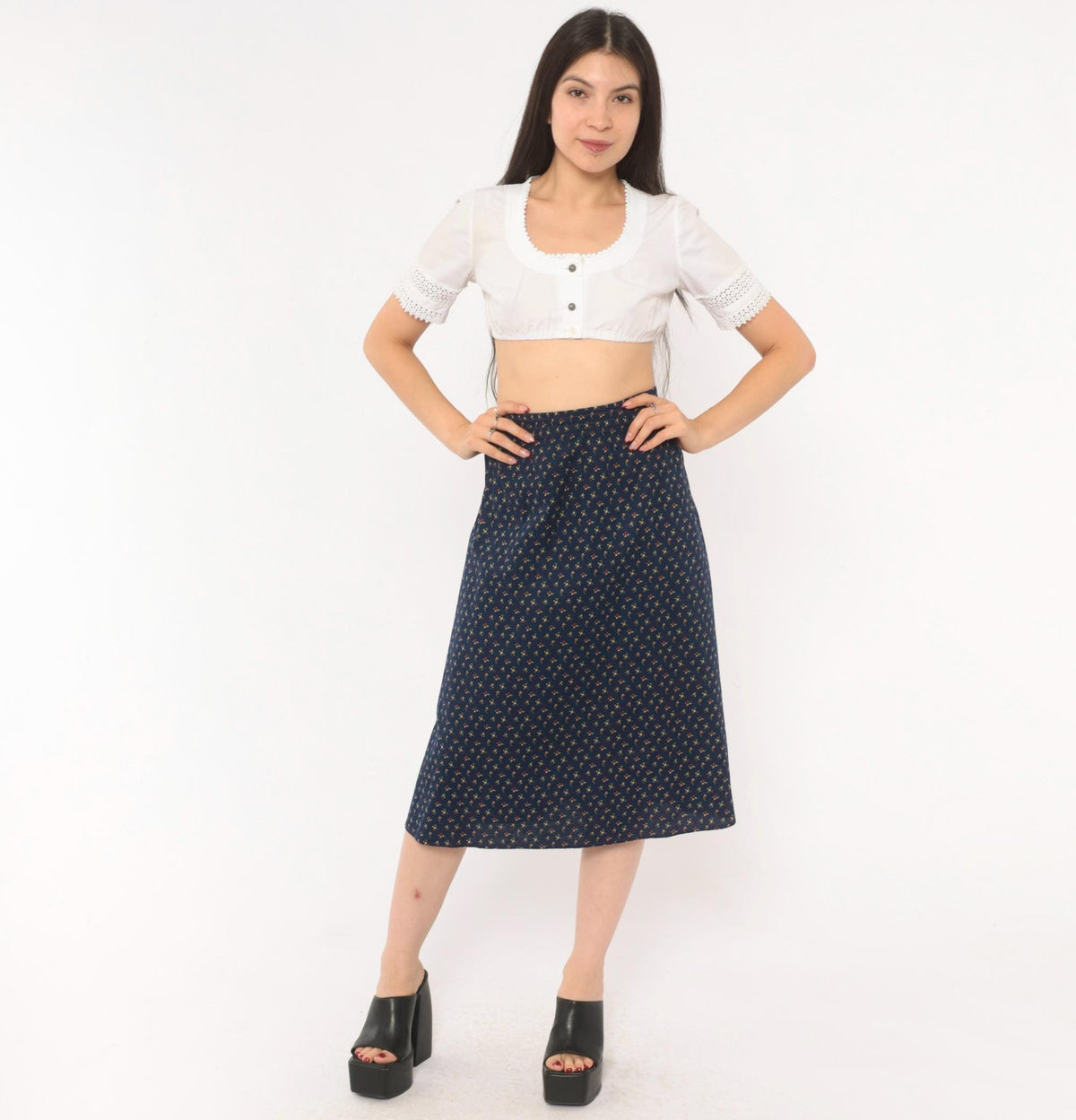 70s Faa 1st American Apparel Floral A-Line Skirt Navy Cotton Knee Length Large
