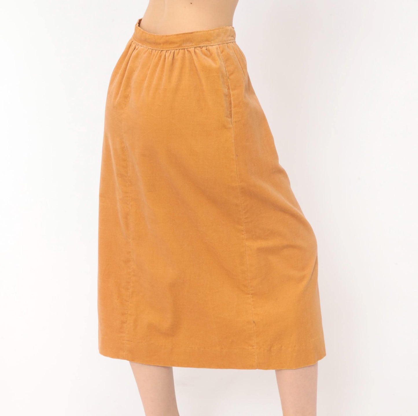 80s Evan Picone Velvet Midi Skirt Camel A-Line Button Pockets Medium M