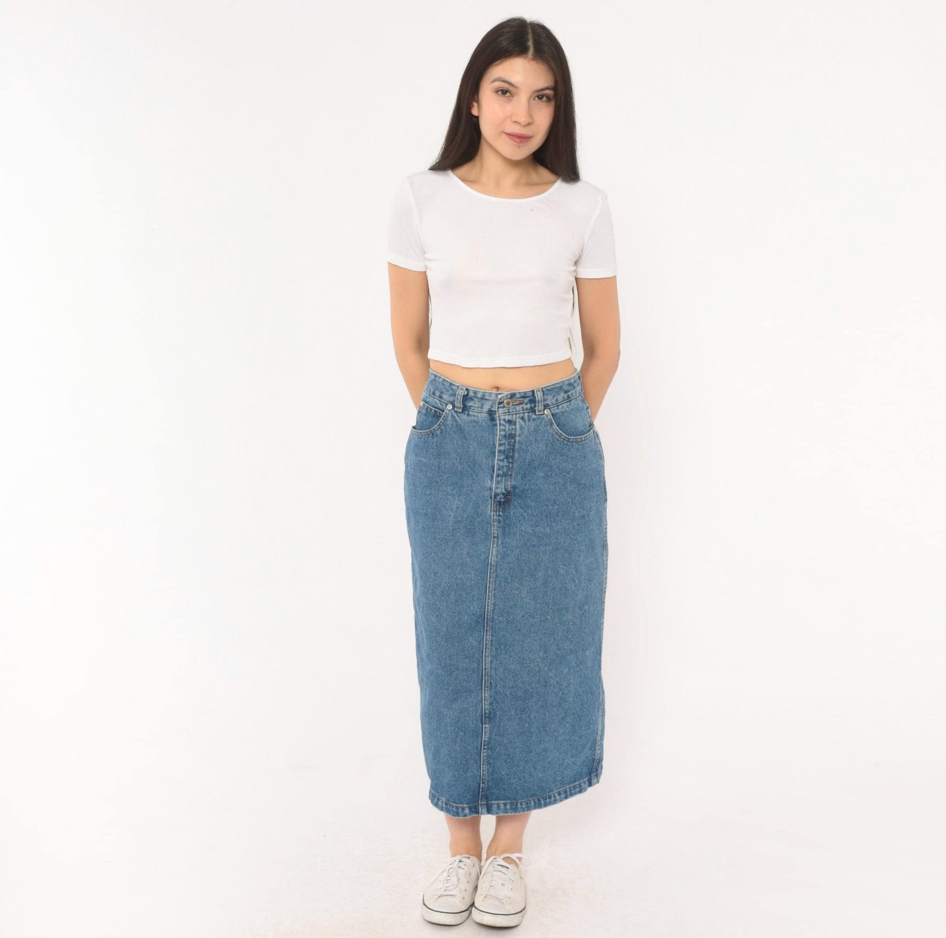 90s Jordache Denim Midi Skirt Medium Wash High Waist Straight Pencil Back Slit Small