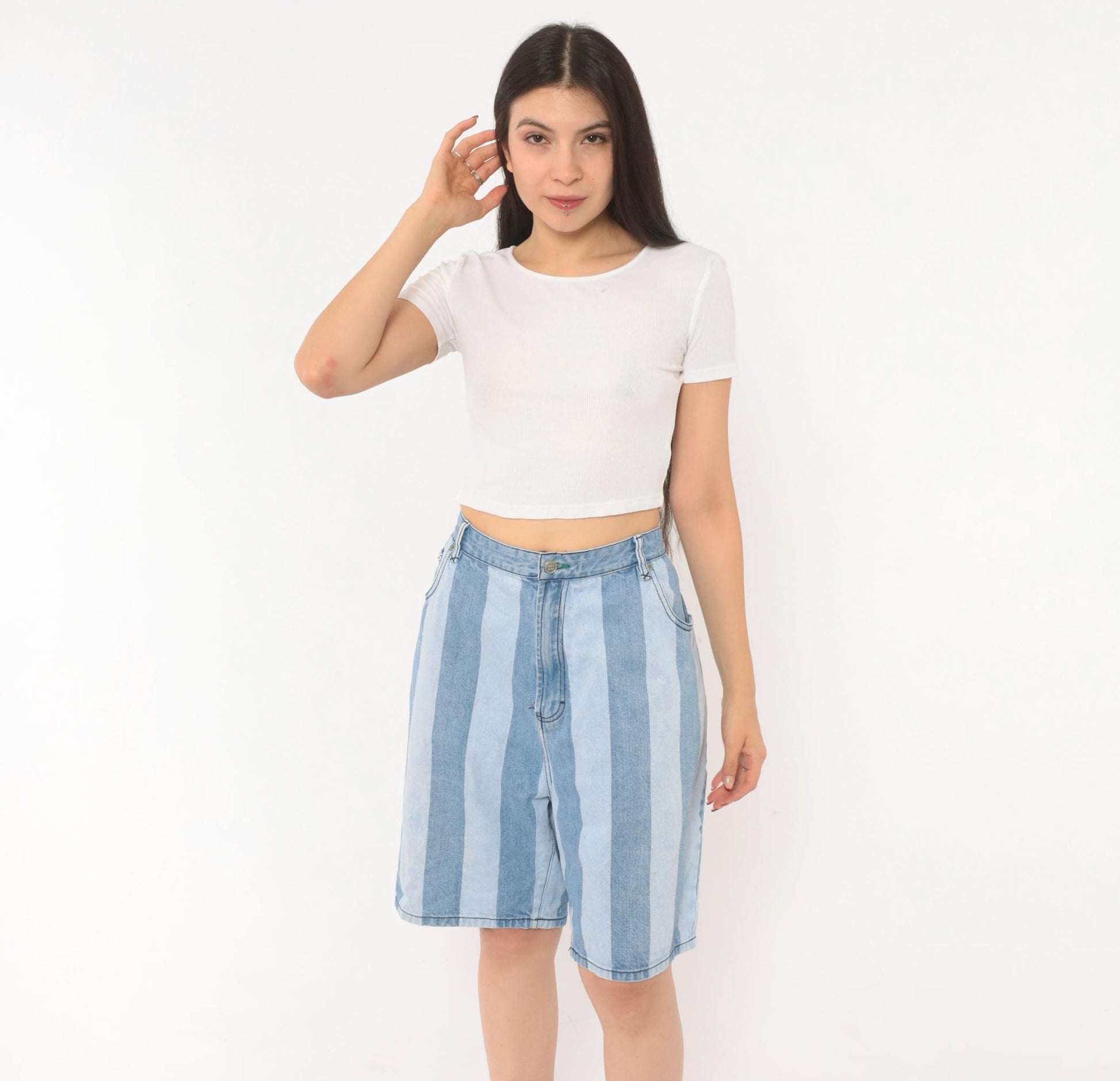 00s Tommy Hilfiger Striped Denim Bermuda Shorts Light Blue High Rise Large L