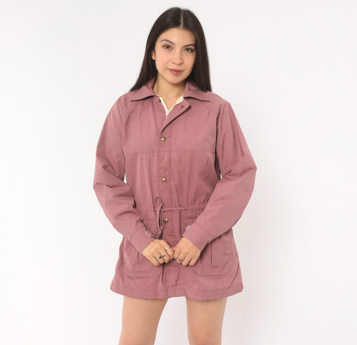 80s Woolrich Woman Mauve Jacket Snap Button Drawstring Waist Medium M