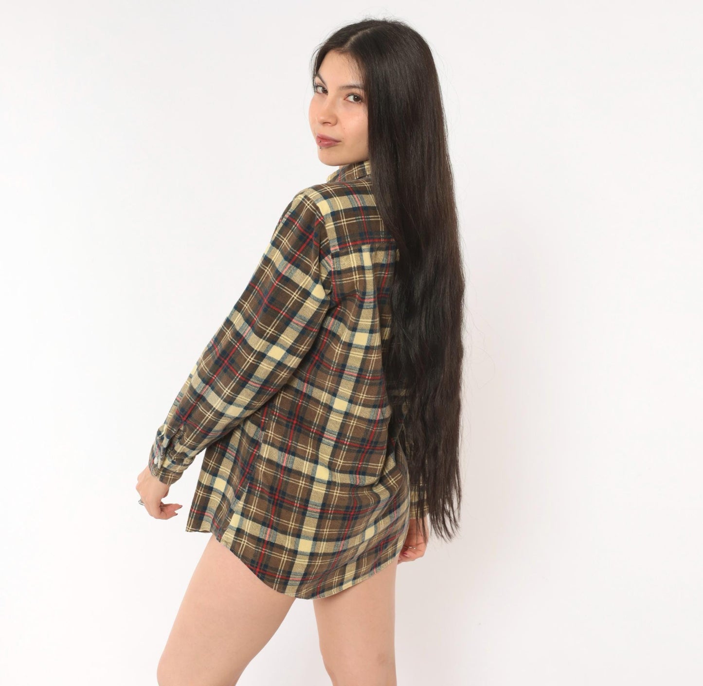 90s Chandler Plaid Flannel Shirt Brown Tan Red Navy Cotton Small S