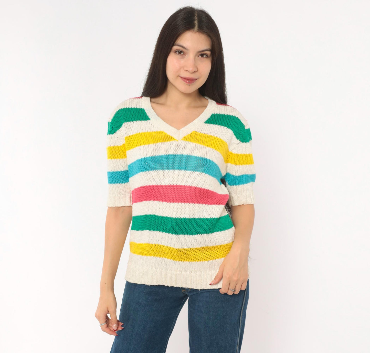 90s Brittania Rainbow Stripe V-Neck Knit Pullover Cream Cotton Medium M