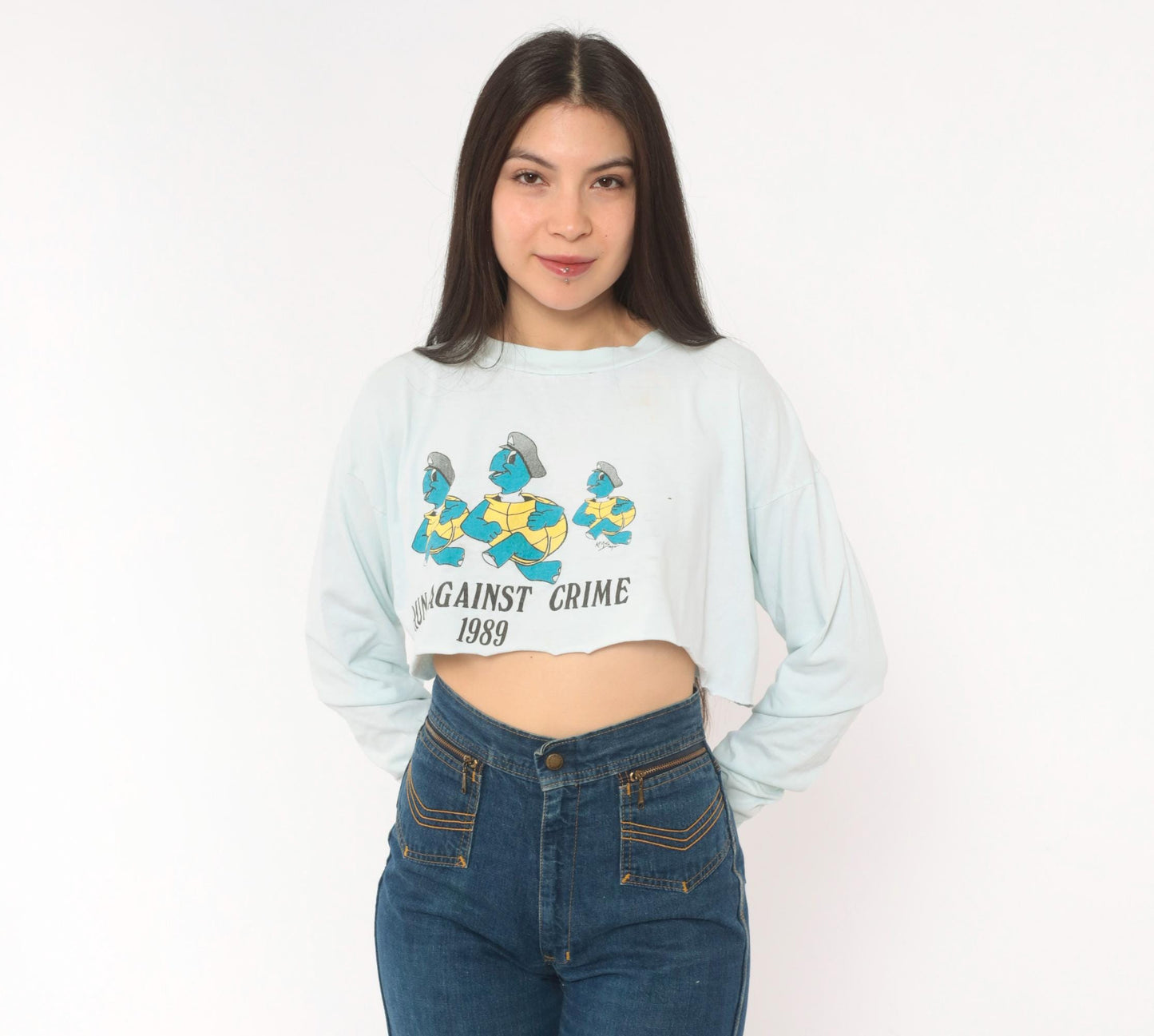 80s Run Against Crime 1989 Cartoon Turtle Police Crop Top Baby Blue Medium
