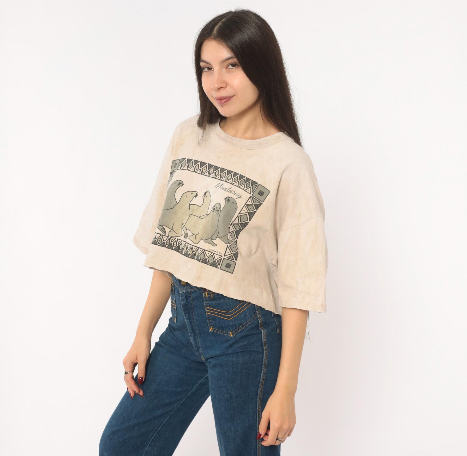 90s Guava Beach Monterey Sea Lion Crop Top Tan Acid Wash Cotton Medium