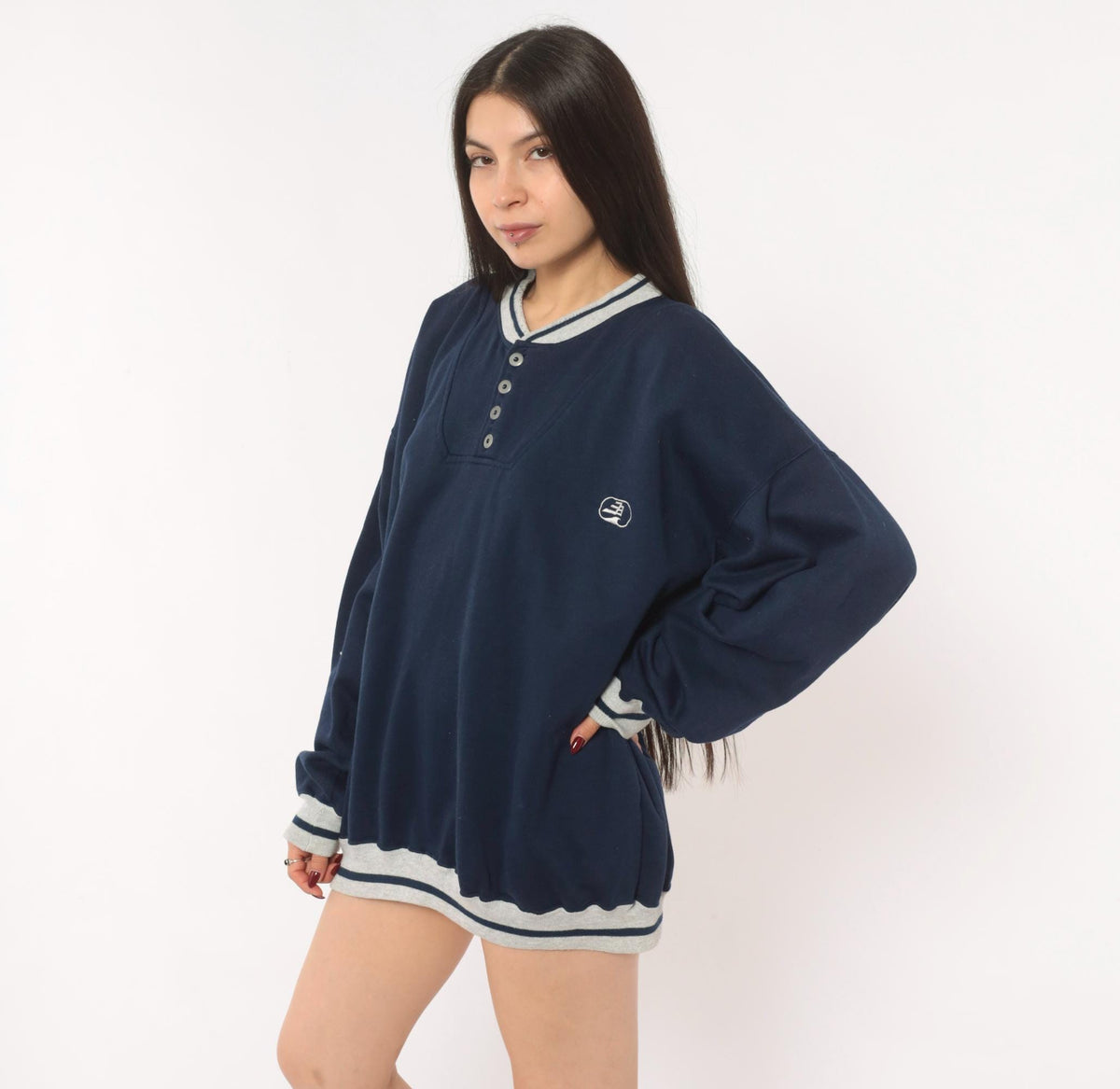 80s Puritan Navy Henley Sweatshirt Grey Stripe Snap Placket Plus Size XXL