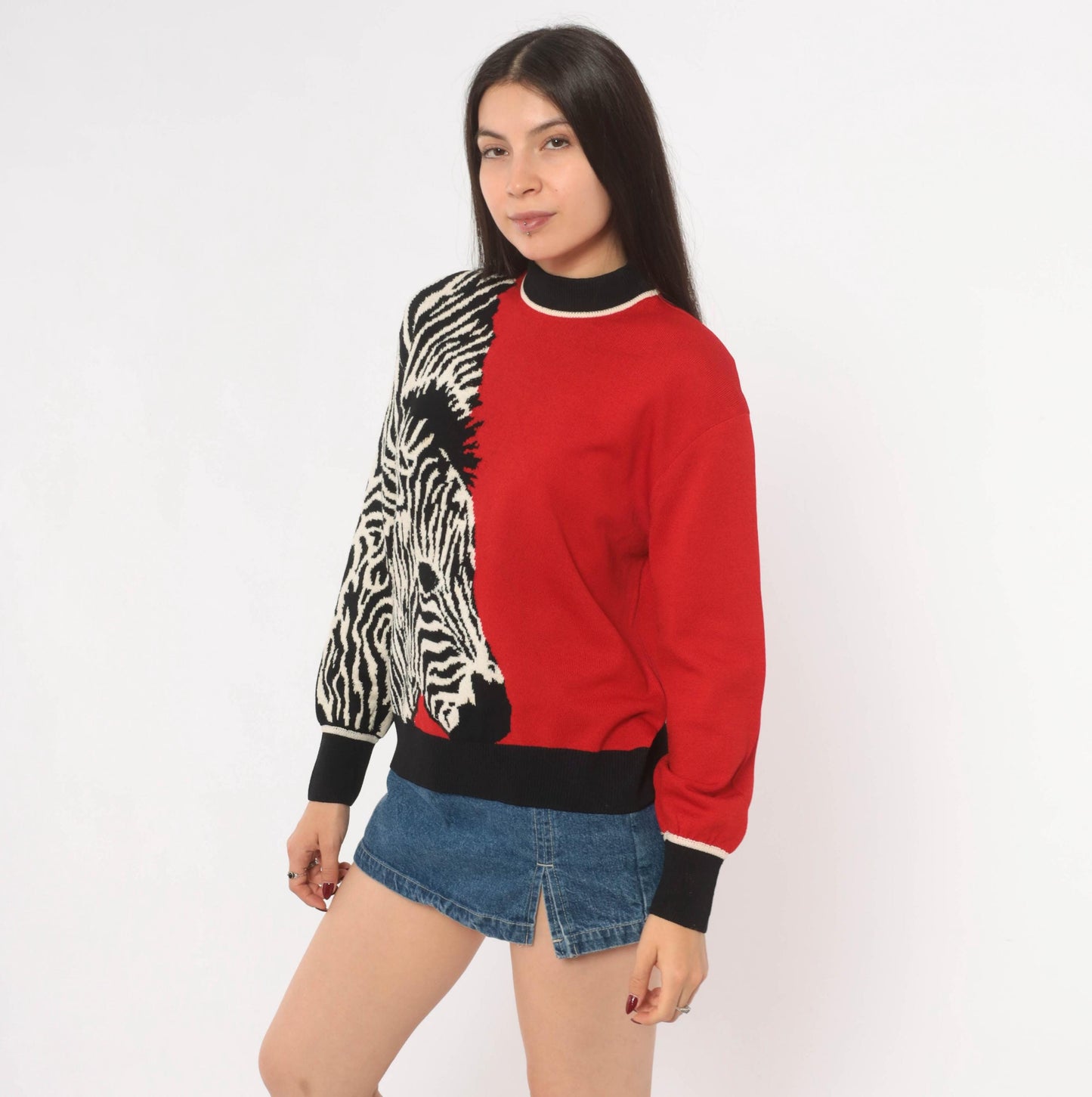 80s St. John Zebra Knit Pullover Red Black Color Block Wool Blend Medium M