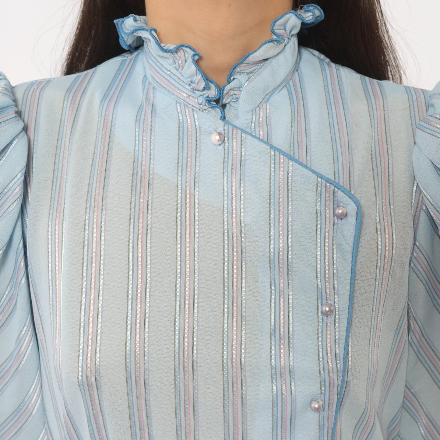 80s Jerri Gee Striped Puff Sleeve Dress Pearl Buttons Ruffled Collar Sky Blue Small