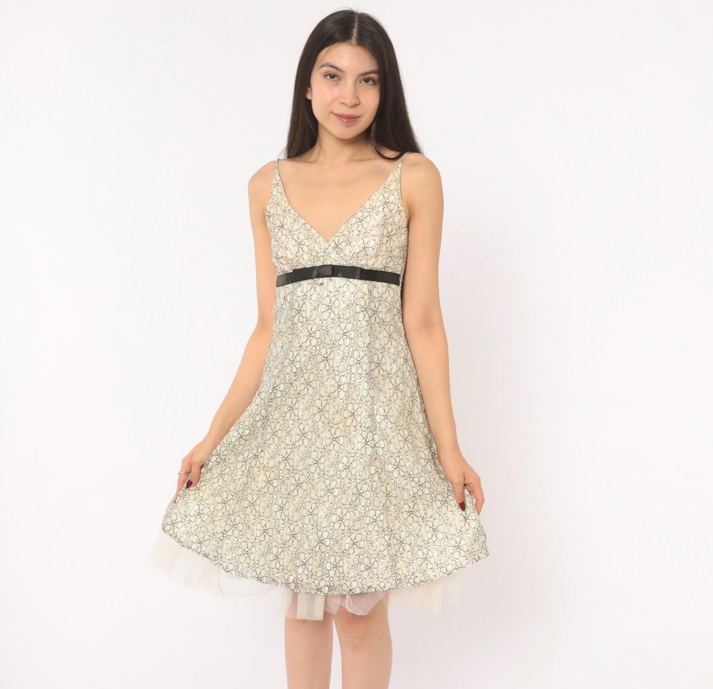 Y2K Intrigue Lace Floral Sundress Cream Black Satin Ribbon Empire Waist Extra Small XS