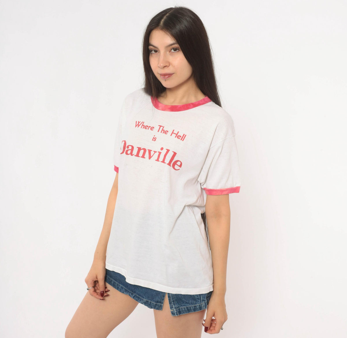 80s Where The Hell Is Danville Ringer Tee White Pink Cotton Graphic Medium
