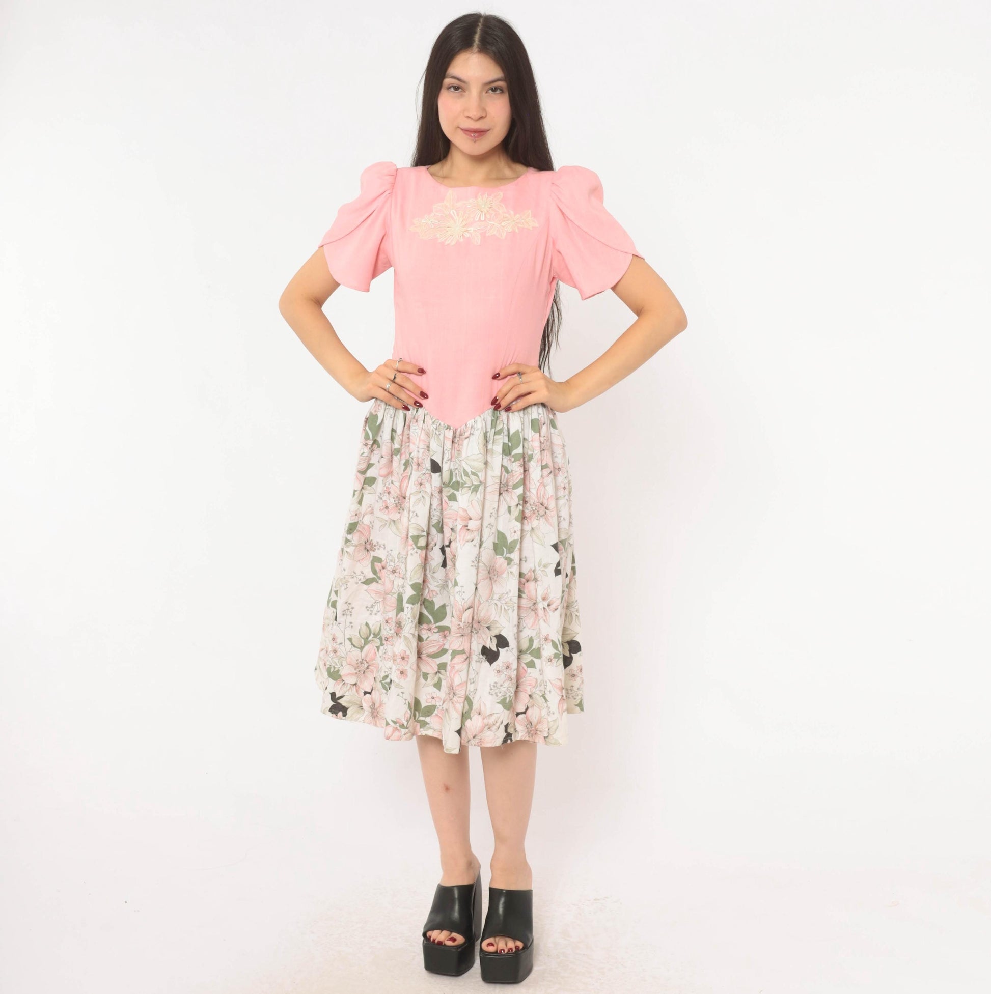 80s Pink Floral Puff Sleeve Dress Bow Back Drop Waist Cotton Small