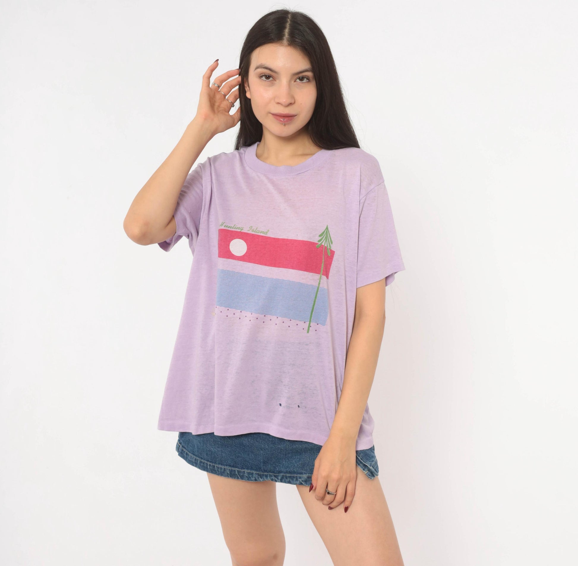 80s Hunting Island Graphic Tee Lilac Purple Sunset Beach Cotton Extra Large XL