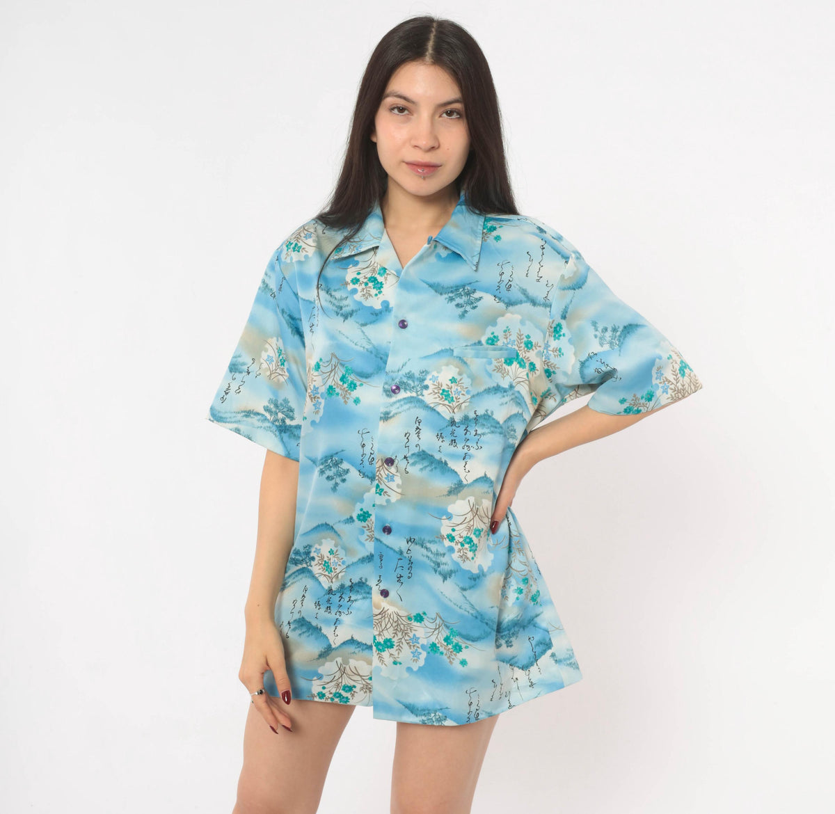 90s Mark Raysten Camp Collar Shirt Japanese Landscape Sky Blue Large L