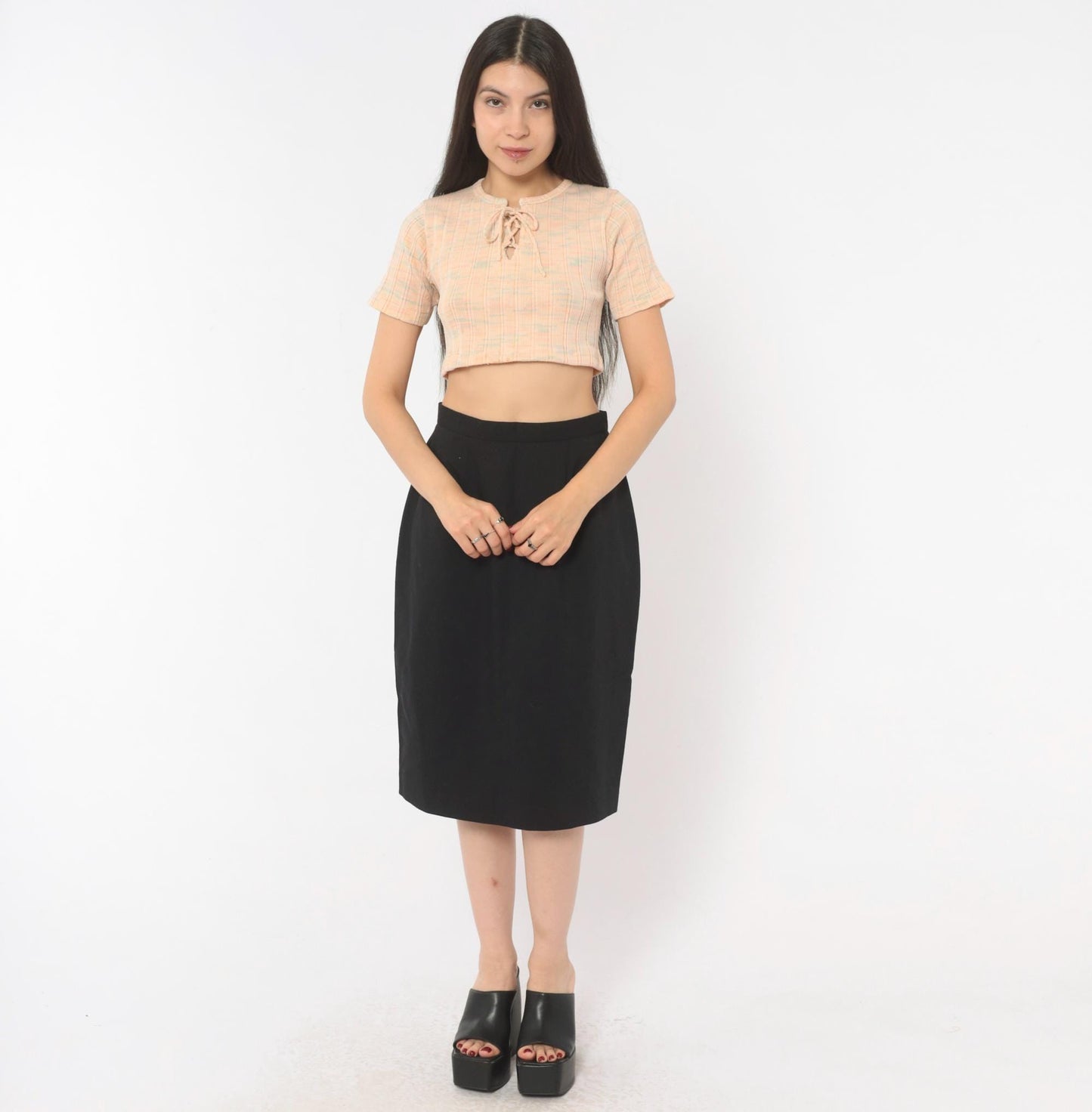 80s Michele Black Pencil Skirt High Waist Knee Length Small S