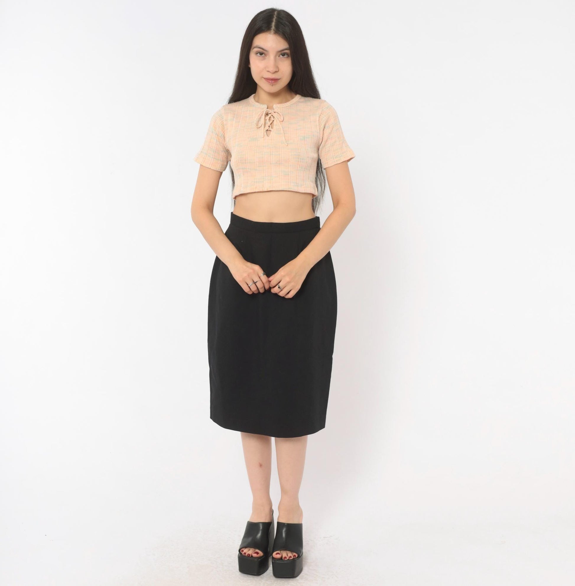 80s Michele Black Pencil Skirt High Waist Knee Length Small S