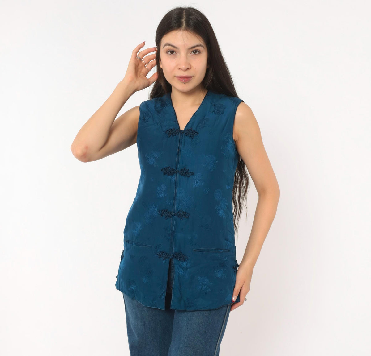 80s Teal Silk Cheongsam Vest Mandarin Frog Closure Floral Small