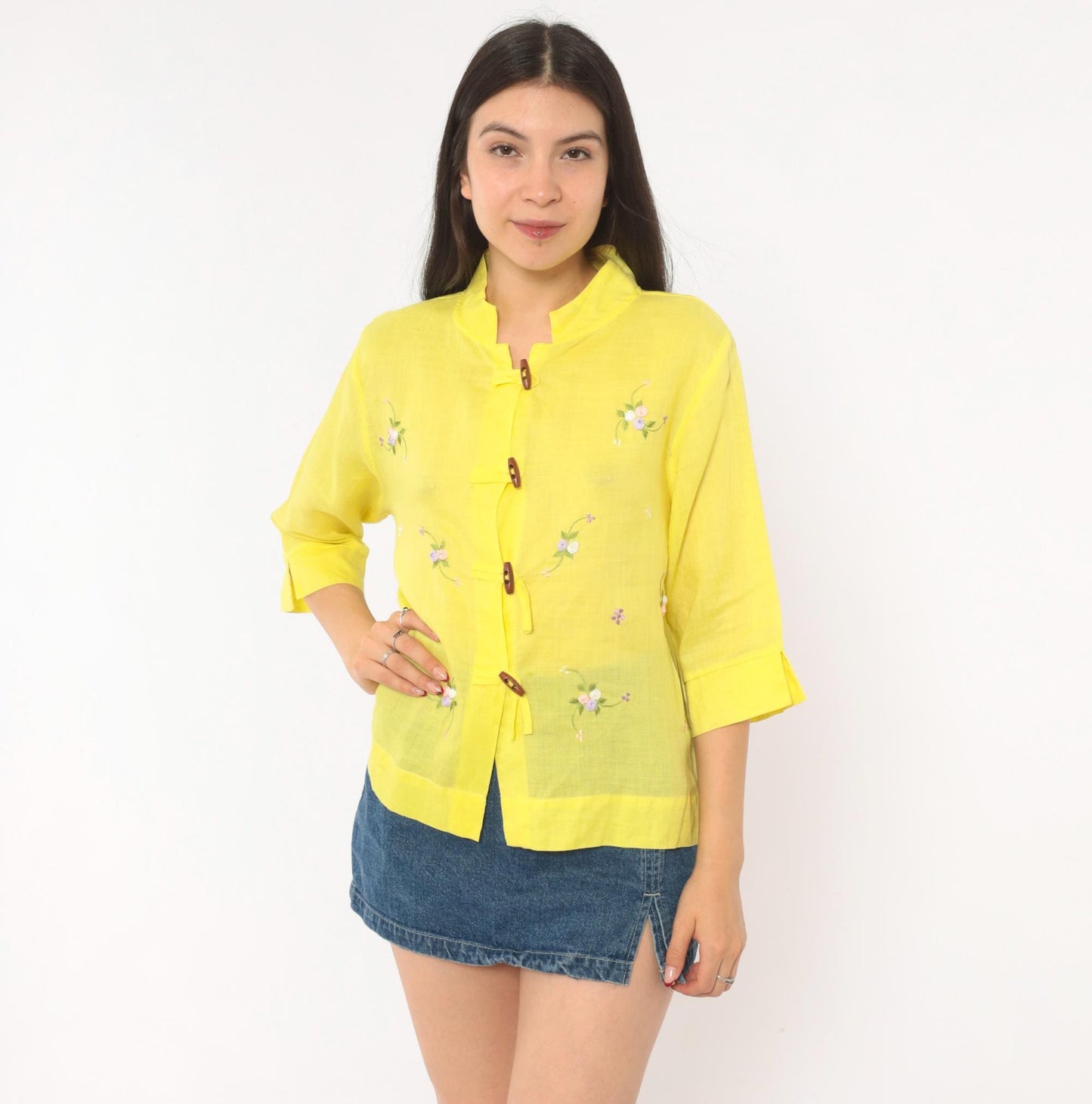 80s Yellow Embroidered Floral Mandarin Collar Blouse Cotton Three Quarter Sleeve Medium