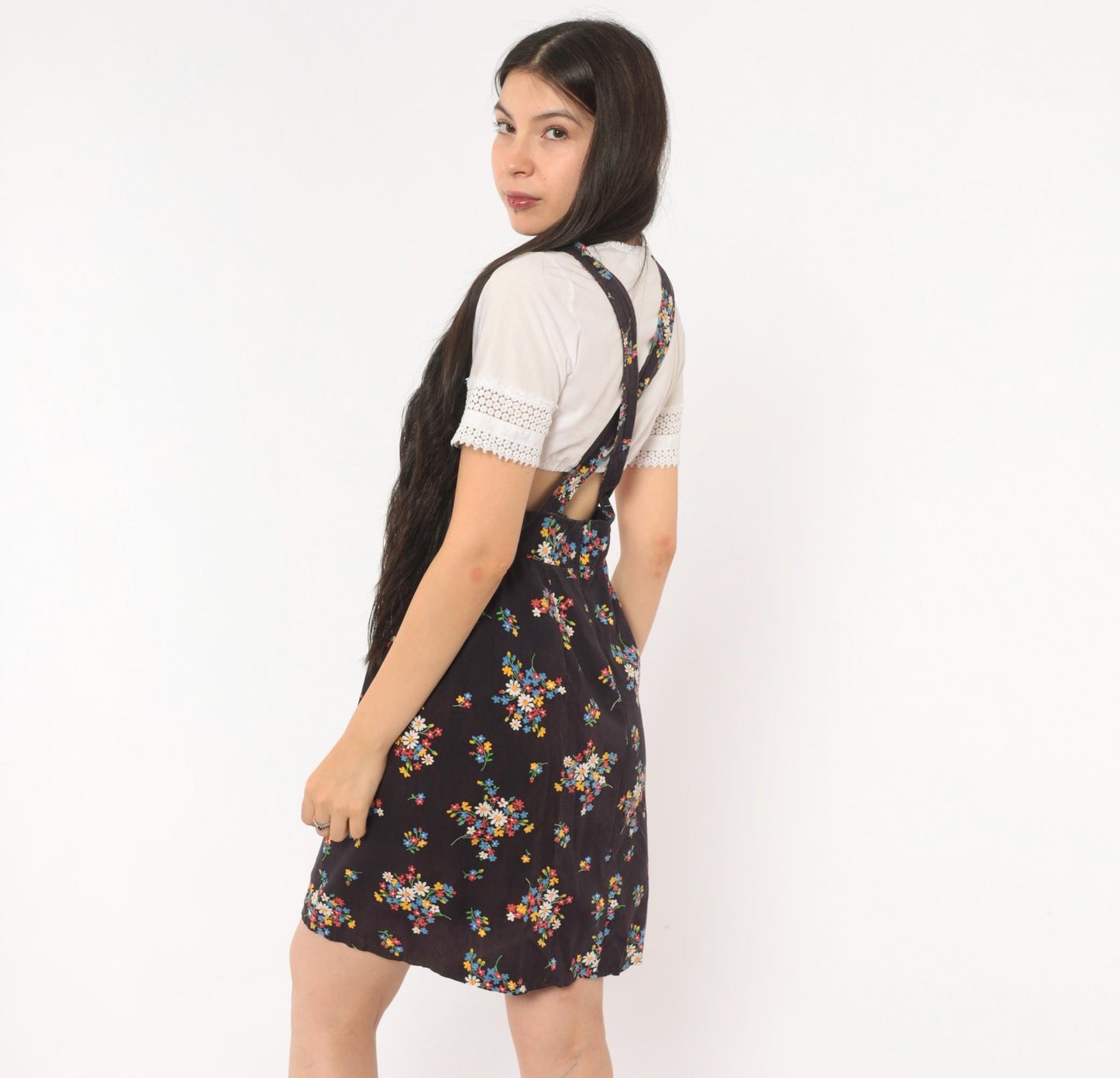 70s Black Floral Suspender Mini Dress Cotton Wildflower Print Small S